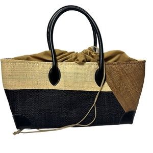 Kaloes Raffia Weaved Hand Shoulder Tote Purse Cream Black Brown Elegant Vacation